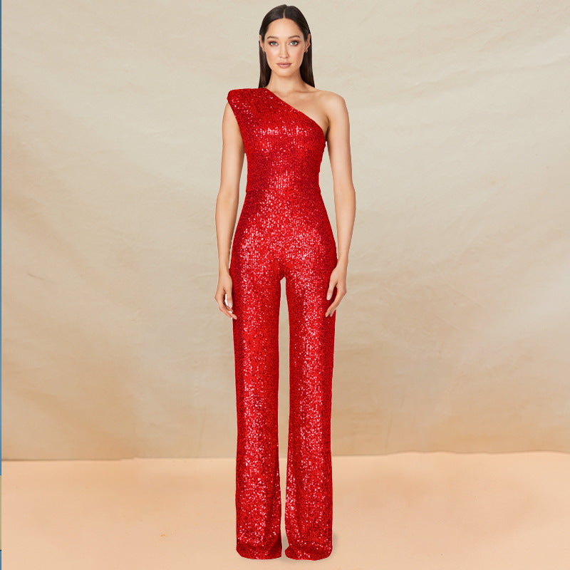Sleeveless One-shoulder Fashion High Waist Design Sequined Jumpsuit