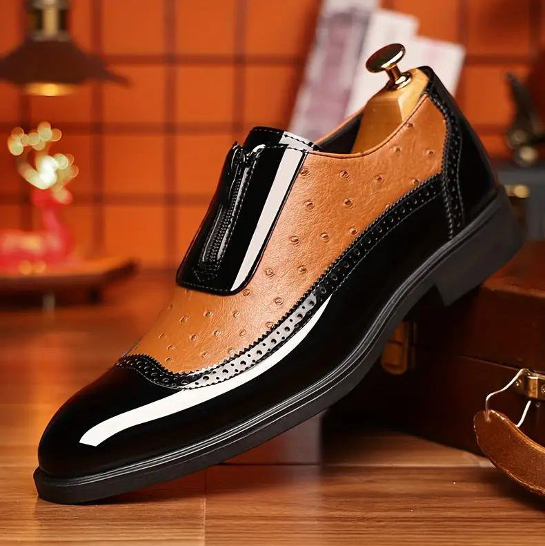 Ostrich Grain Embossed Pointed Toe Leather Chelsea Boots with Zipper