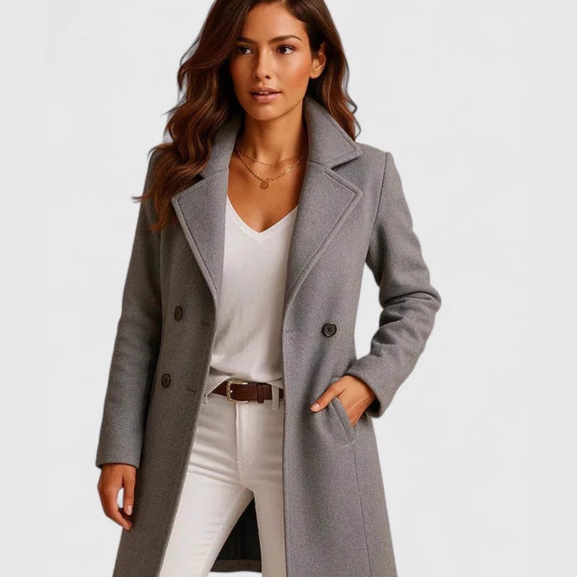 Women's Single-Breasted Mid-Length Woolen Coat with Pockets and Lapel – Casual Long Sleeve Outwear