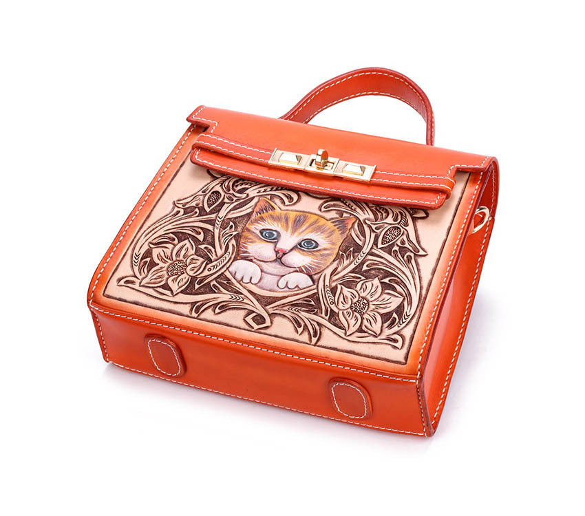 Sac à main en cuir gravé chat, en cuir de vachette première couche fait main, 23,5x20x9cm