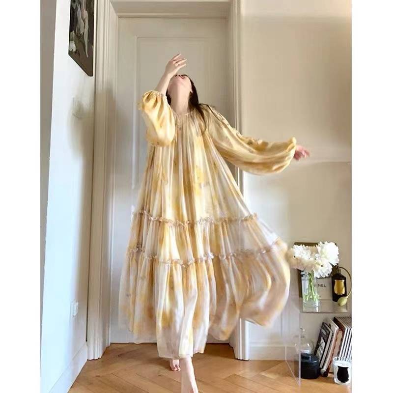 French Entry Lux Design Yellow Puff Sleeve Long Dress with Ink Print