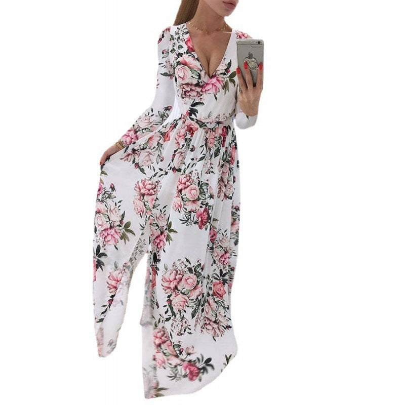 Long Sleeve Chiffon Printed Bohemian Dress Women
