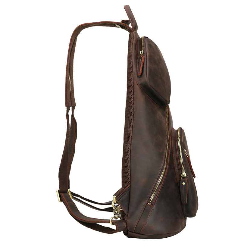 Men's Genuine Leather Large Capacity Multifunctional Chest Bag Dark Brown