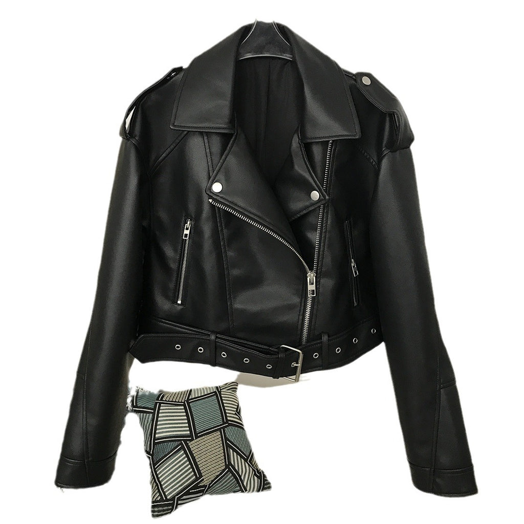 Veste moto femme en cuir PU lavé bicolore Coupe ajustée Printemps et Automne