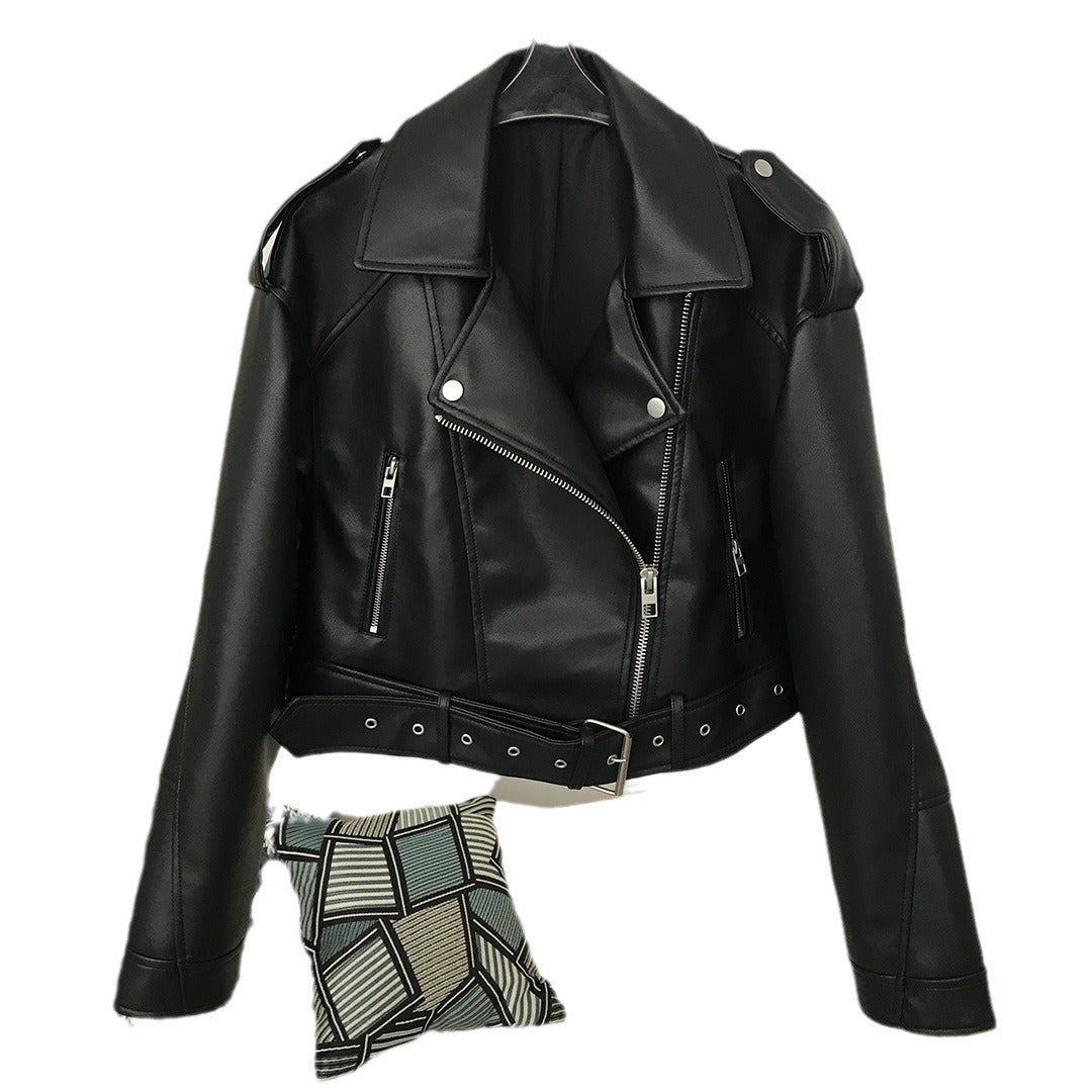Spring & Autumn Women's Two-Color Washed PU Leather Motorcycle Jacket Slim Fit