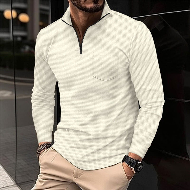 Men's Long Sleeve Waffle Sports Polo Shirt with Zipper Pocket