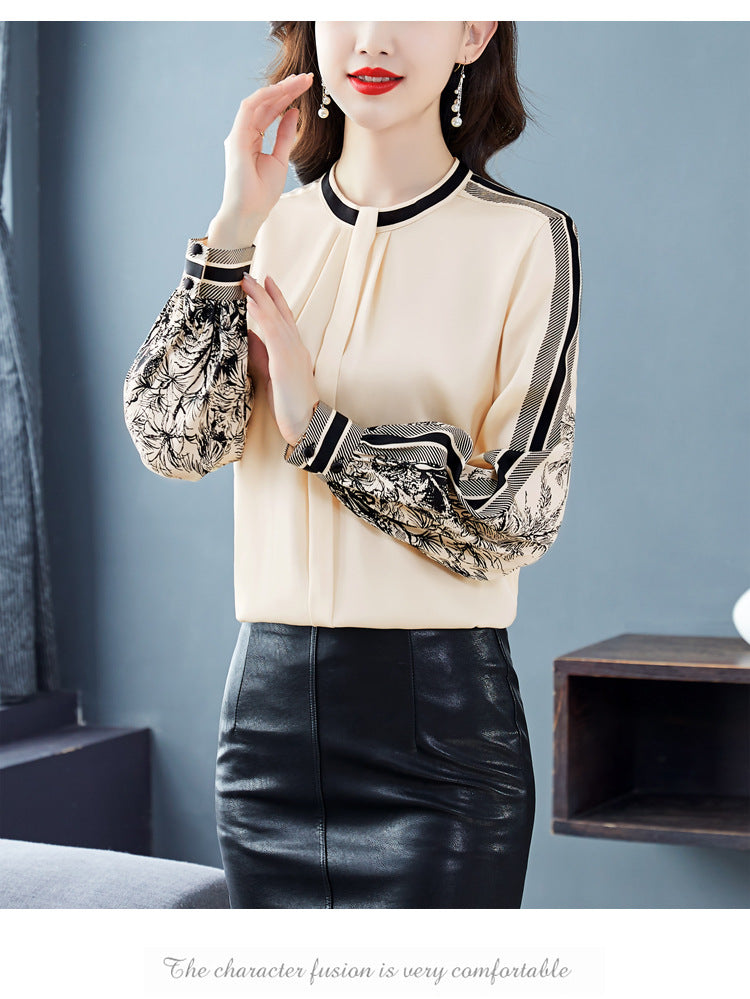 Women's Apricot Printed Mulberry Silk Satin Long Sleeve Shirt Slimming Spring Top