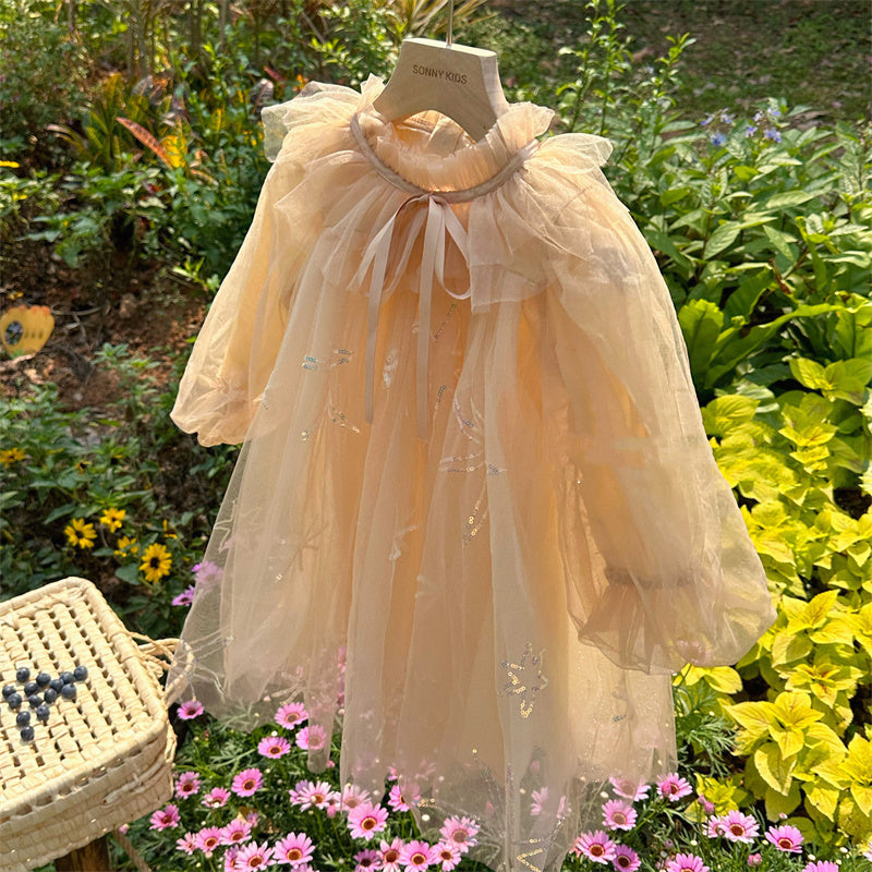 Girls Champagne Mesh Lantern Sleeve Casual Princess Dress