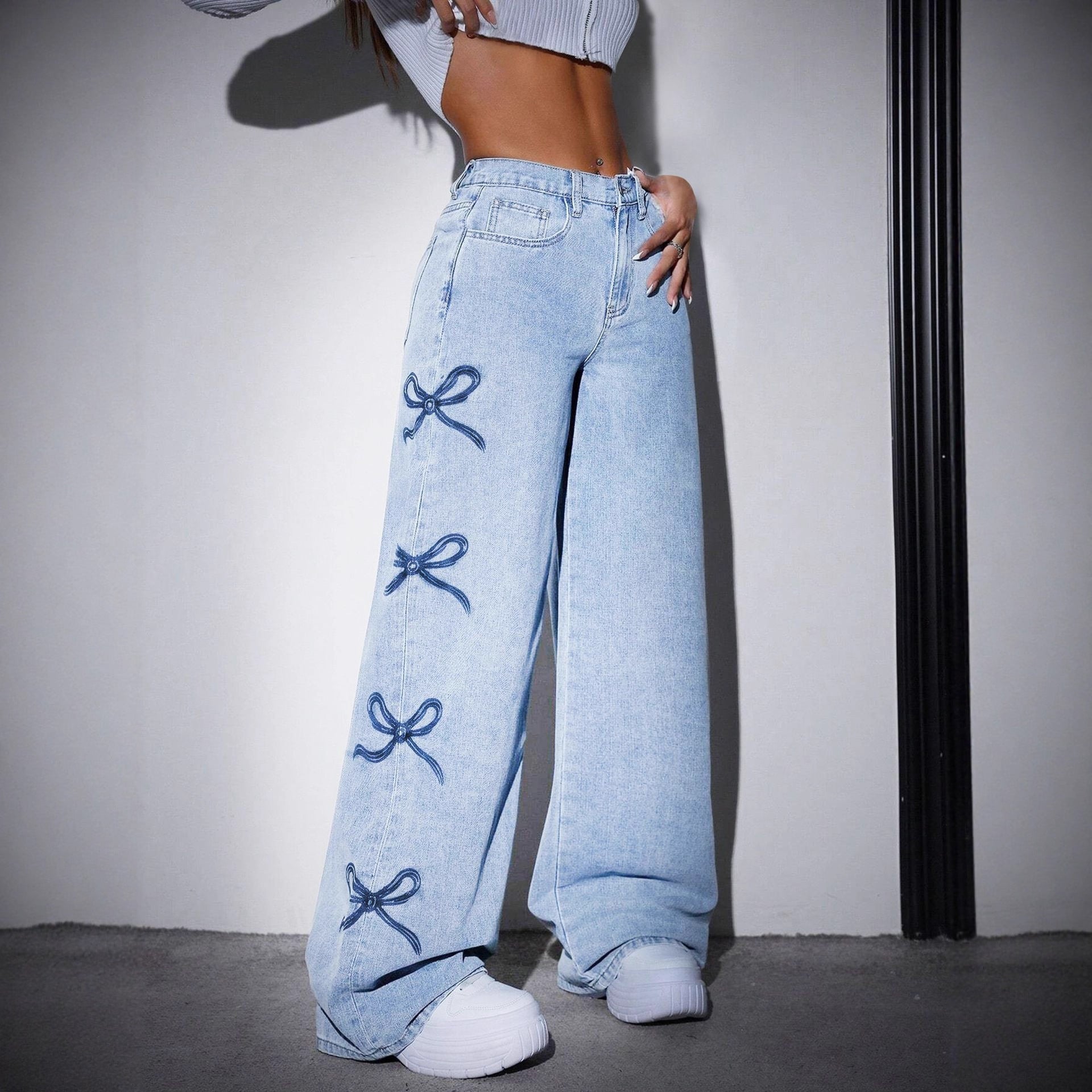 High-Waisted Printed Straight-Leg Wide-Leg Denim Jeans