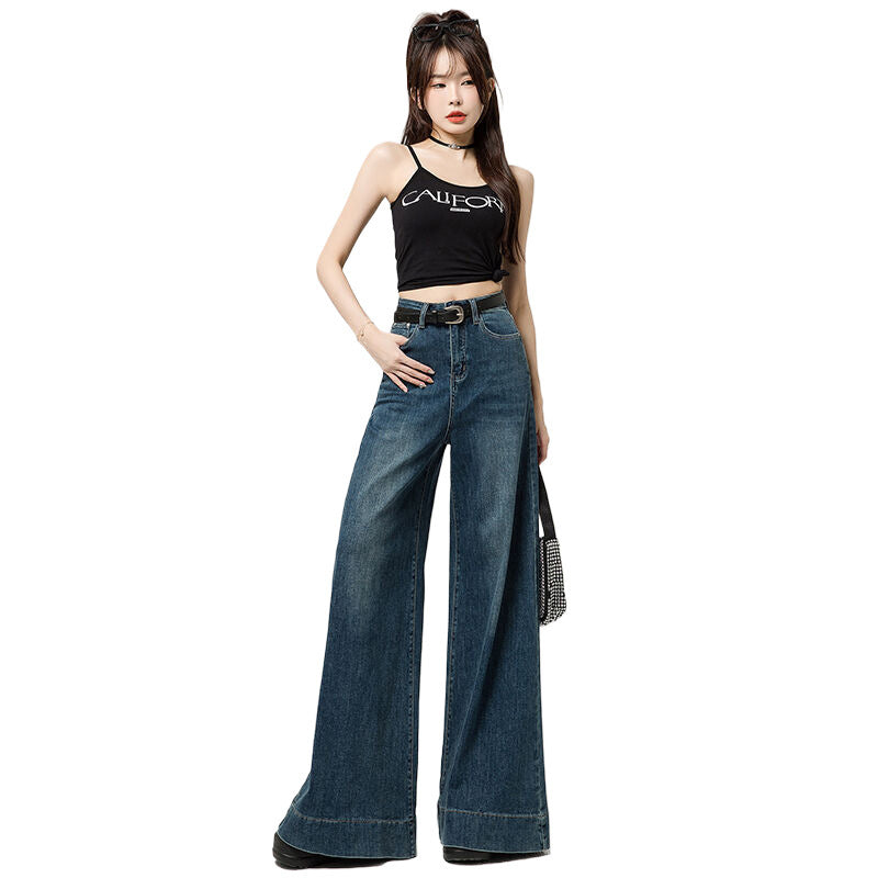 Vintage Blue High Waist Wide Leg Cotton Pants Narrow Version