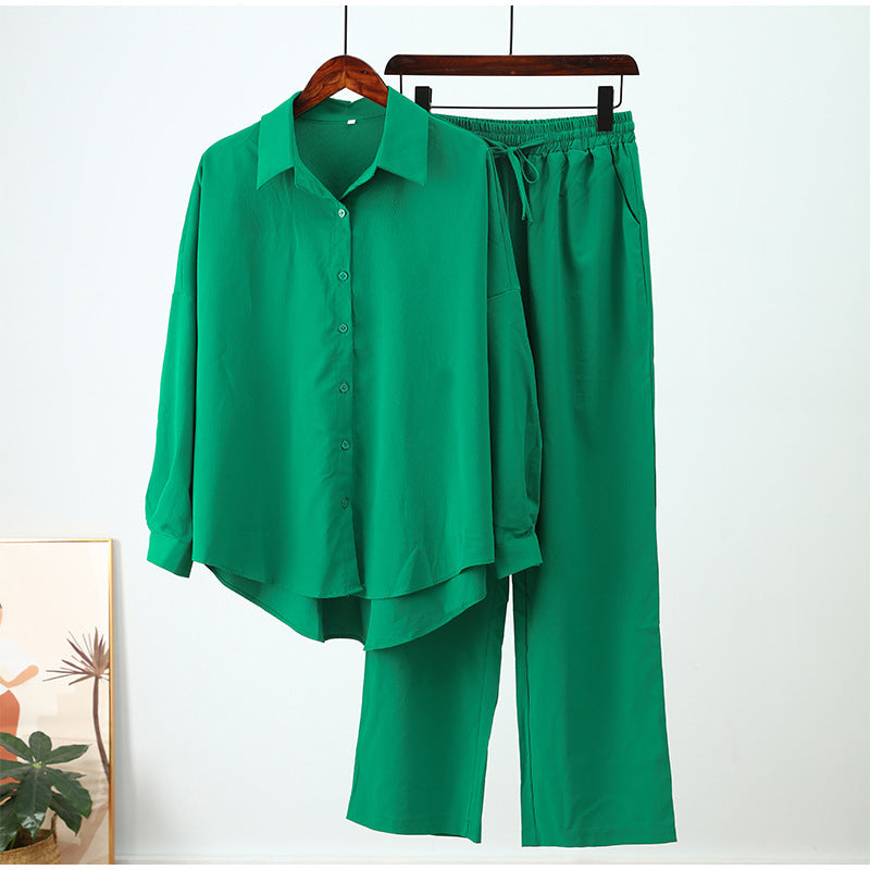 Loose Elastic Wrinkle Long-Sleeve Shirt & Wide-Leg Pants Casual Suit