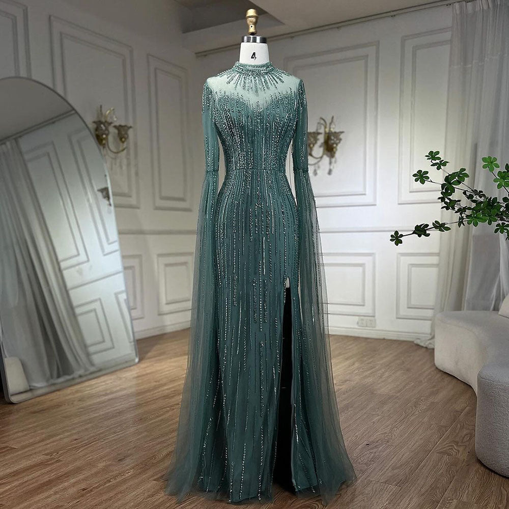 Elegant Water Green Flounced Sleeve Split Fishtail Dress