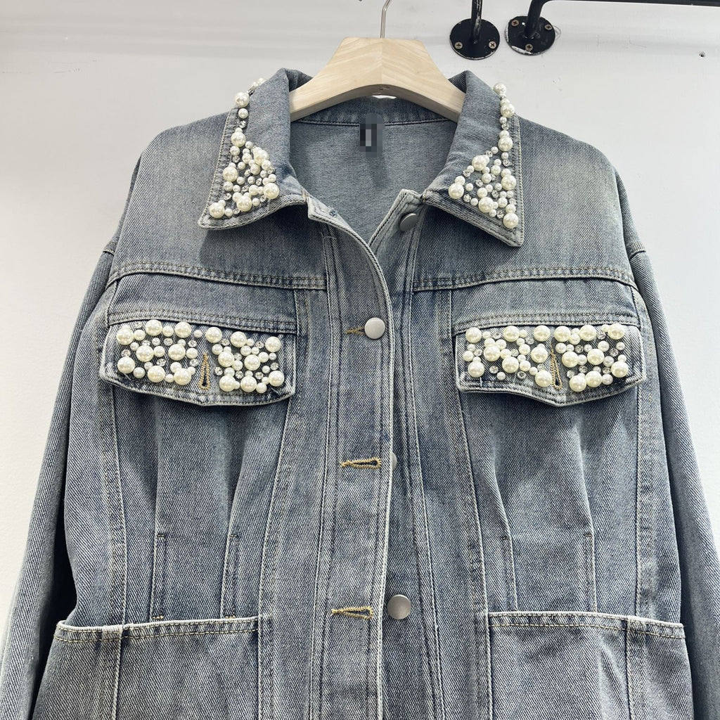 Vintage Blue Washed Denim Jacket Women’s Casual Heavy Industry Beads M-L