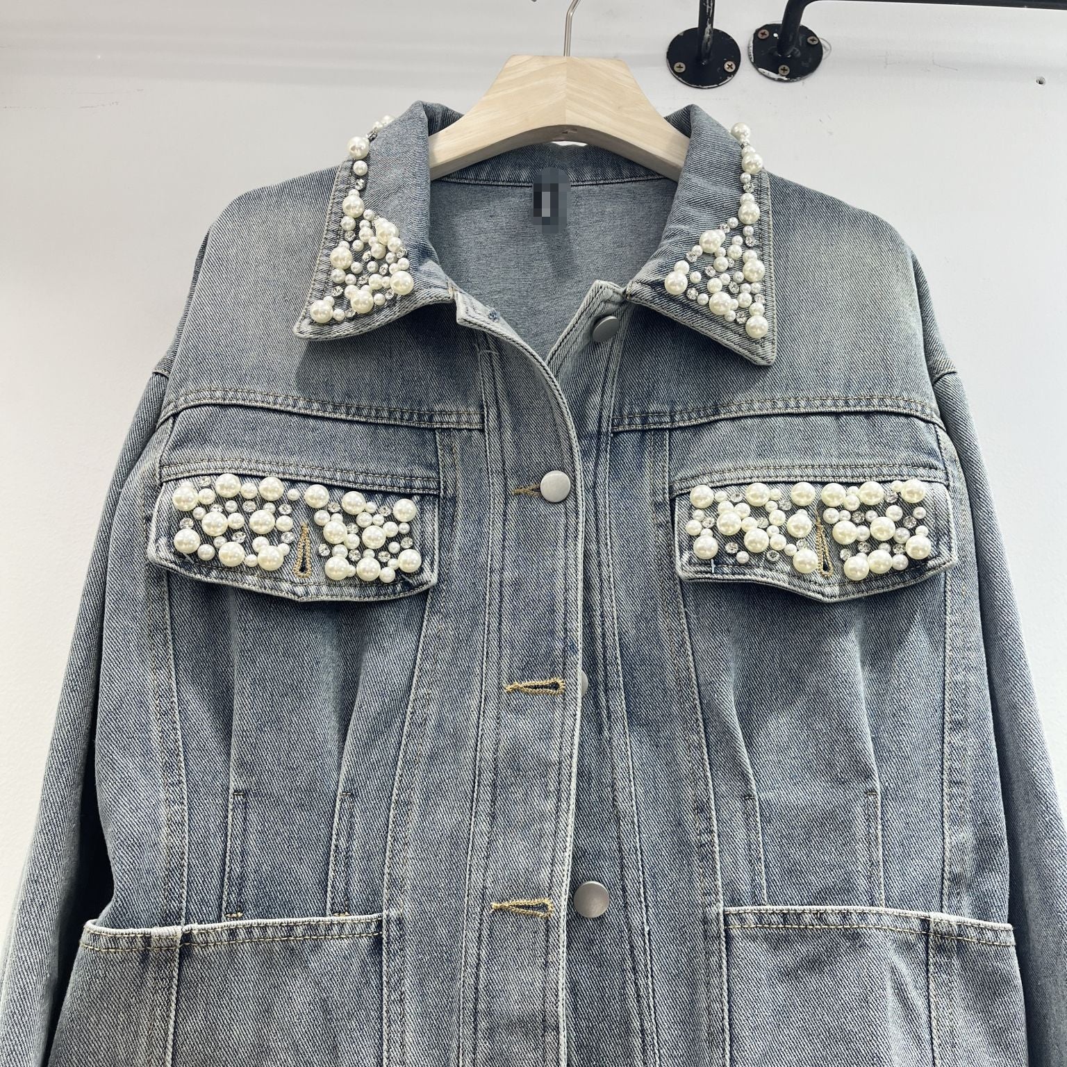 Vintage Blue Washed Denim Jacket Women’s Casual Heavy Industry Beads M-L
