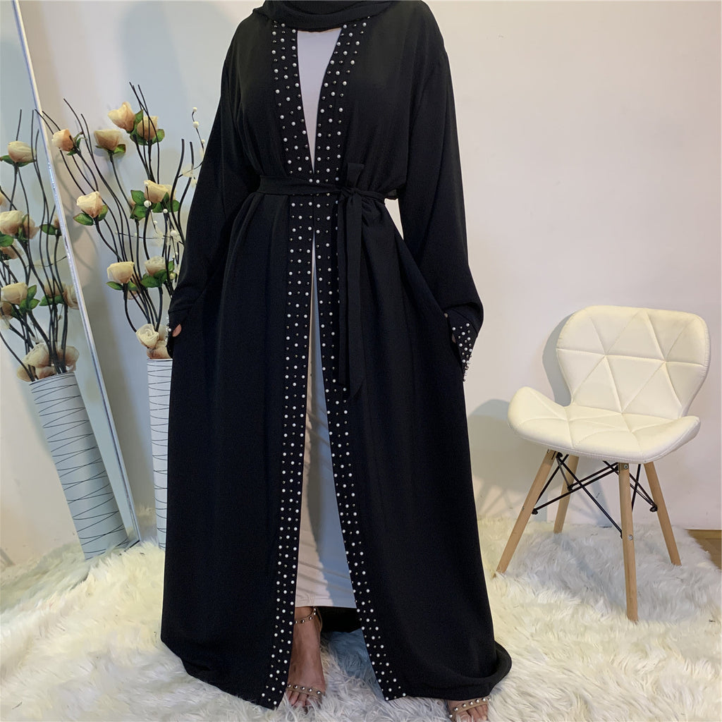 Beaded Lace-Up Cardigan Robe for Middle Eastern Women in Ice Silk