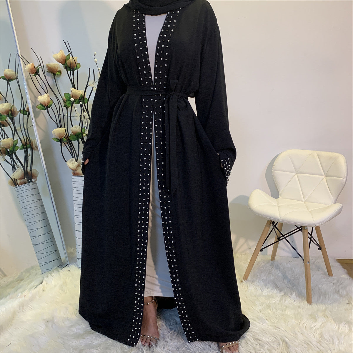 Beaded Lace-Up Cardigan Robe for Middle Eastern Women in Ice Silk