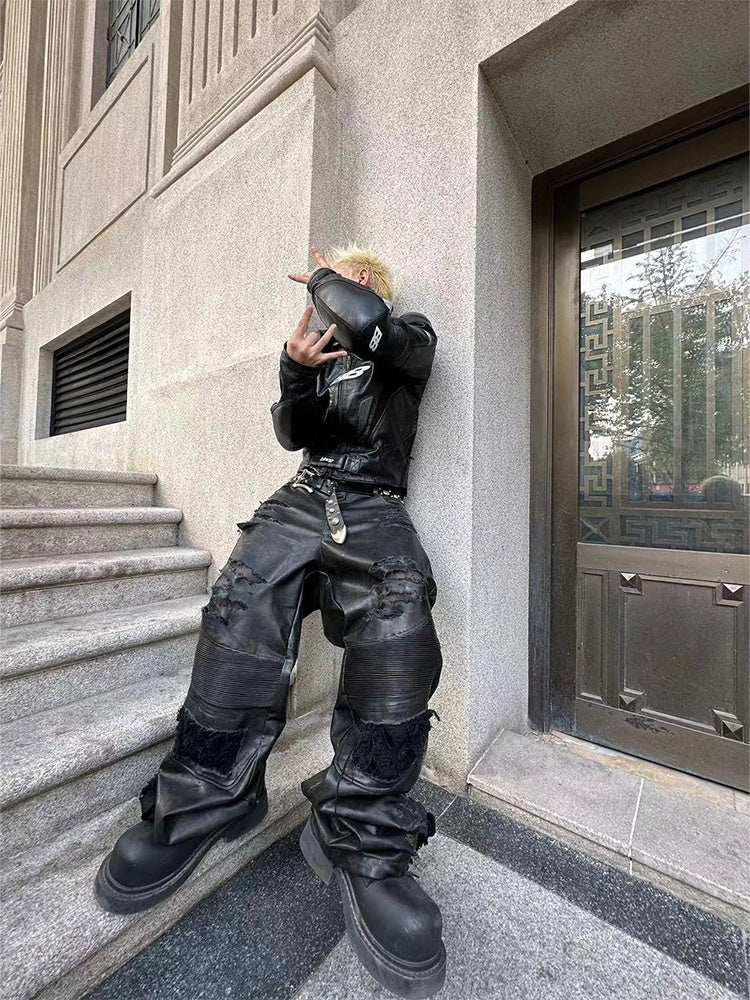 Composite Fading Old Locomotive Damage Leather Pants