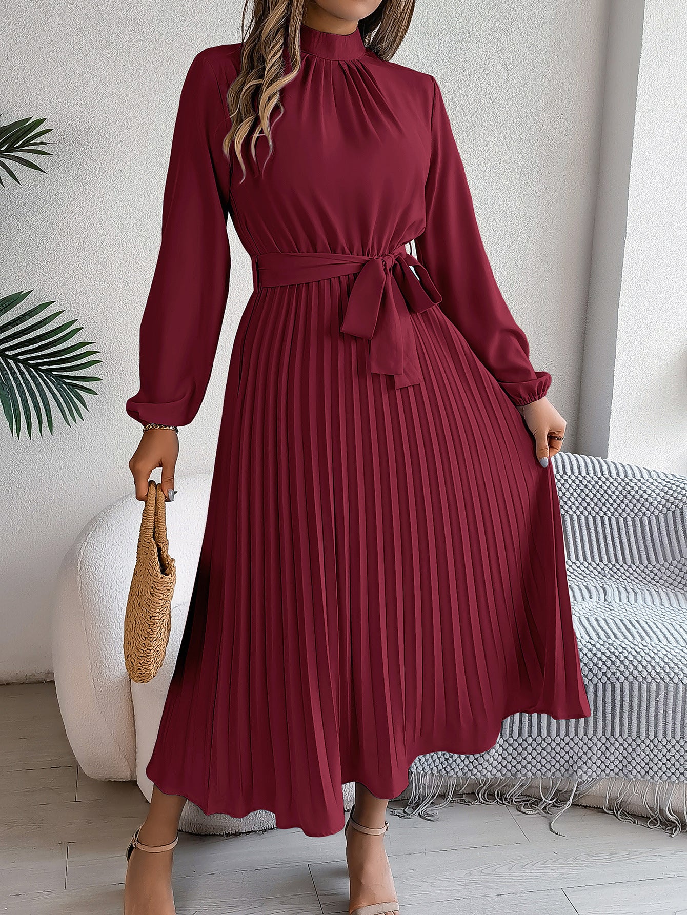 Stand Collar Long Sleeve Cinched Pleated Dress