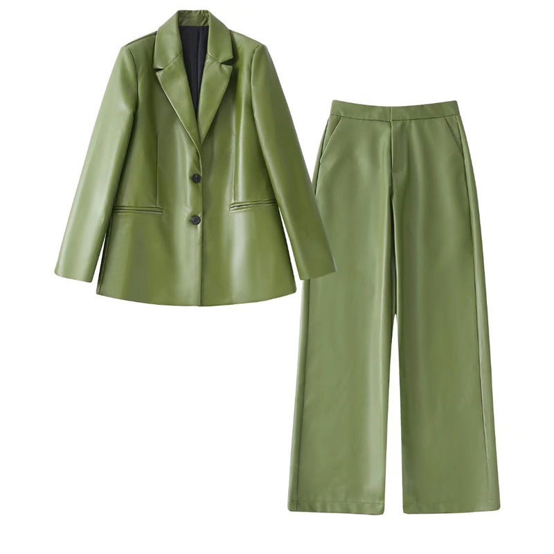 Women's Casual Loose Fit Faux Leather Suit Pants Set