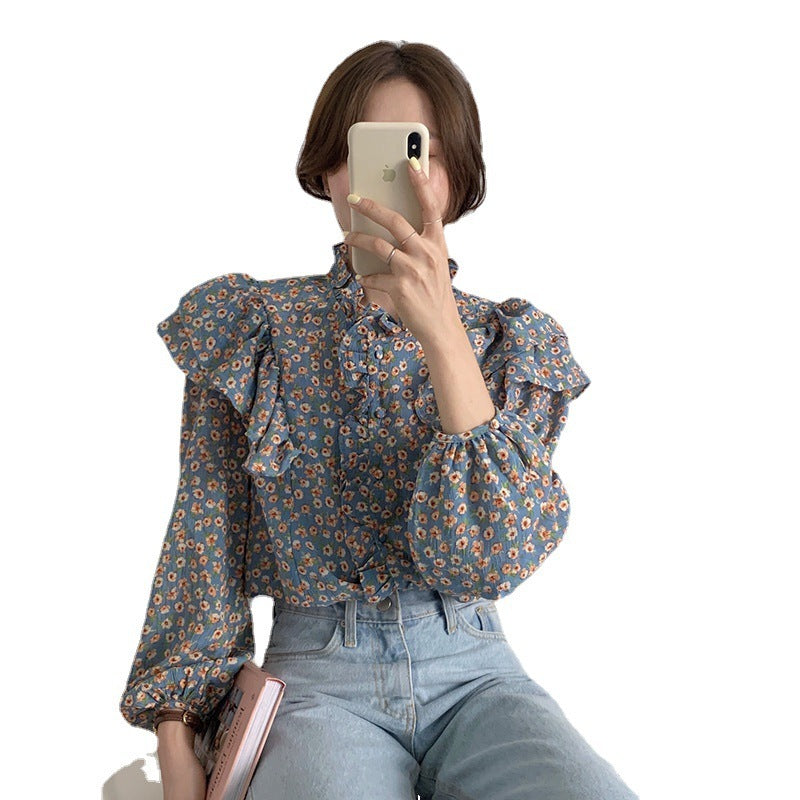 Retro Design Niche Light Mature Girly Floral Blouse French Chiffon Shirt