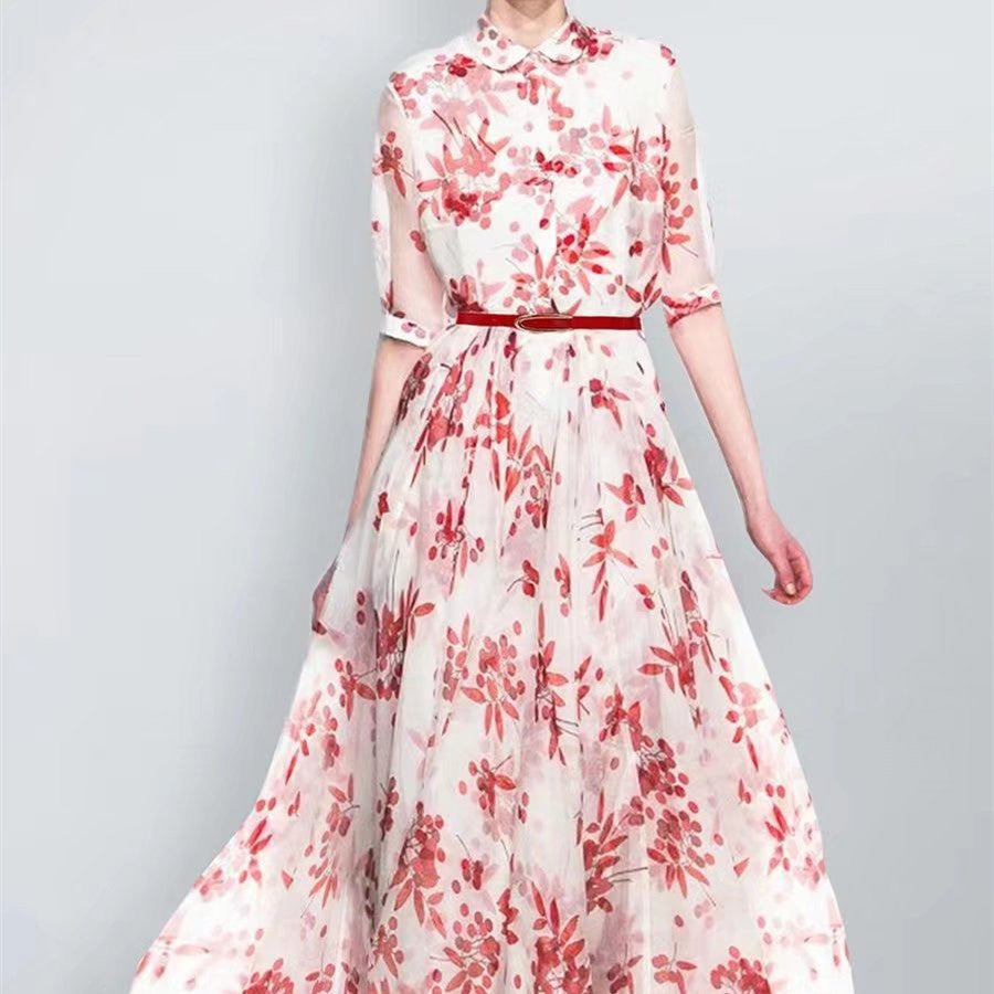 Robe trapèze élégante en fibre de polyester avec col Claudine et imprimé