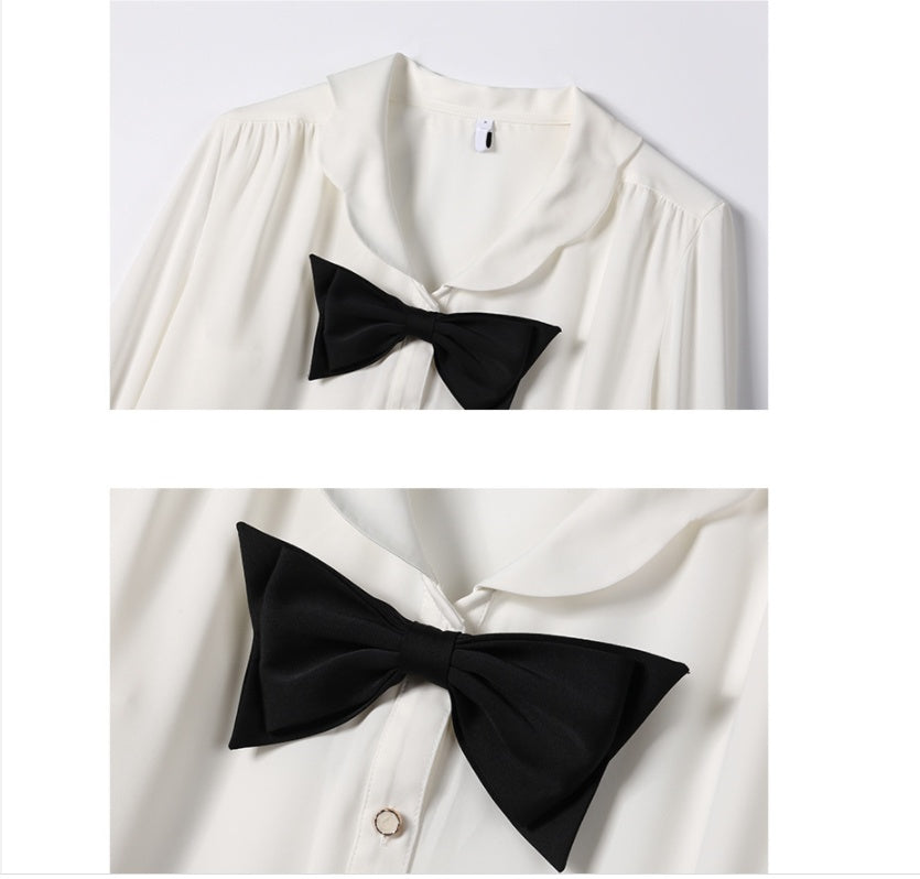 Slim Fit Doll Collar Long Sleeve Bow Shirt