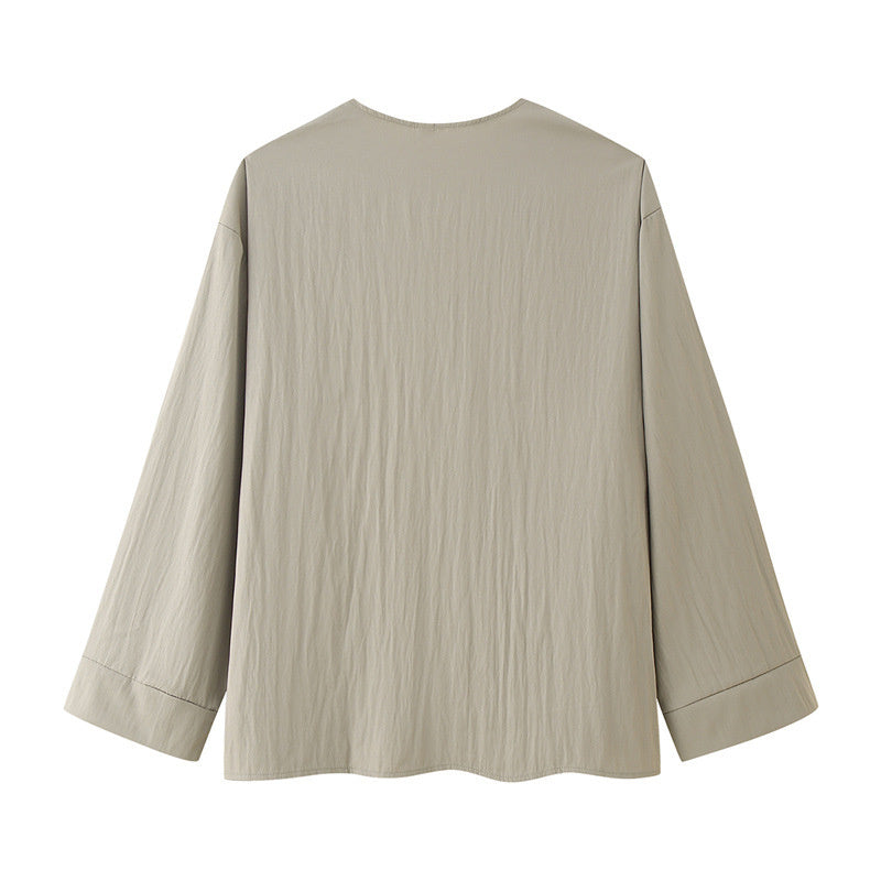 Retro Lace-Up Two-Piece Long Sleeve Trousers Suit in Gray Green & Black