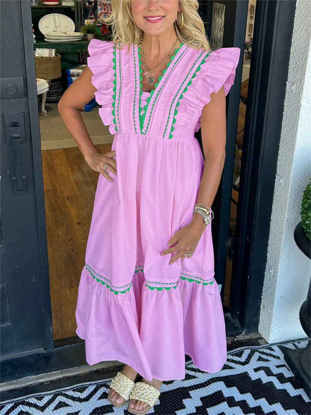 Robe sans manches à volants et patchwork de dentelle pour femmes