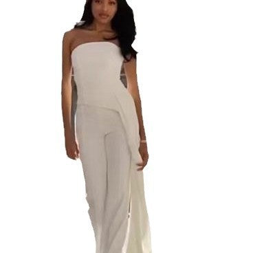 High Waist Straight Jumpsuit in White & Rose Red Polyester