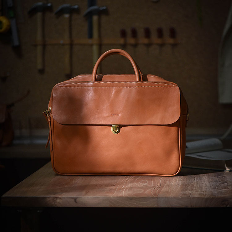 Street Vegetable Tanned Leather Men's Large Capacity Multi-Compartment Briefcase