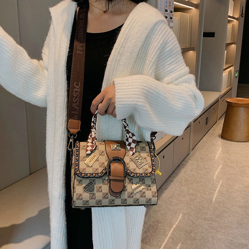 Women's Retro Printed Small Square Crossbody Bag in Khaki & Brown