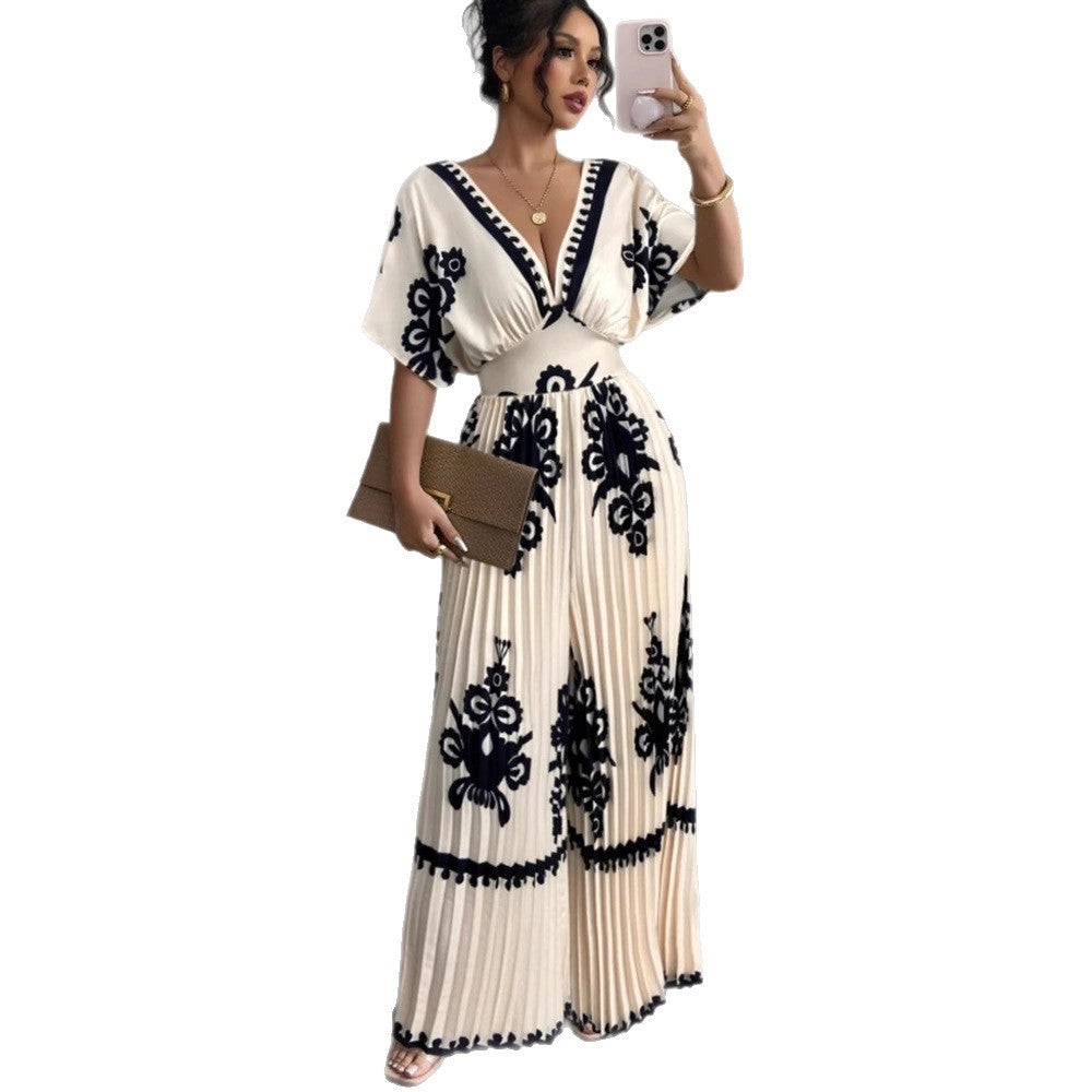 Casual Printed Pleated Loose Short-Sleeve Jumpsuit