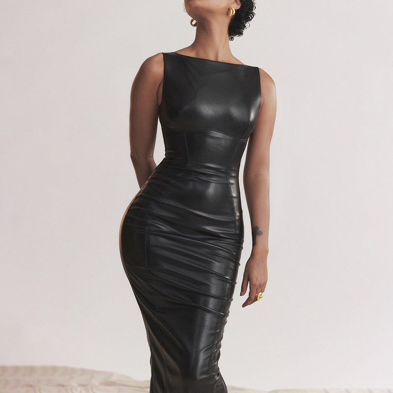 Jupe longue fendue asymétrique noire en cuir PU pour femme automne