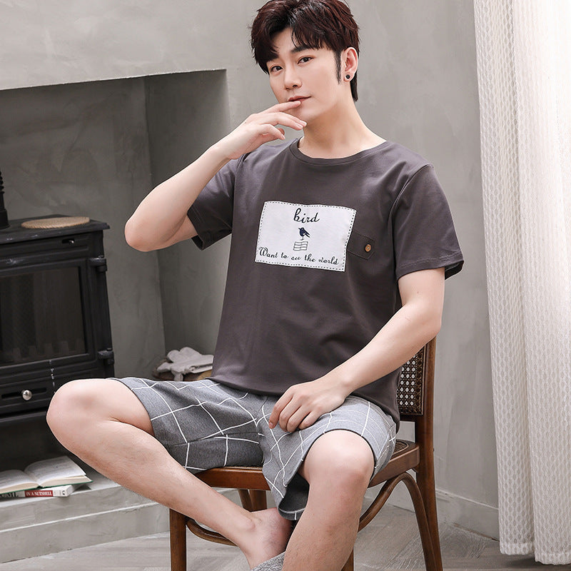 Summer Cotton Men's Short-Sleeve Pajama Set with Bird Plaid Shorts