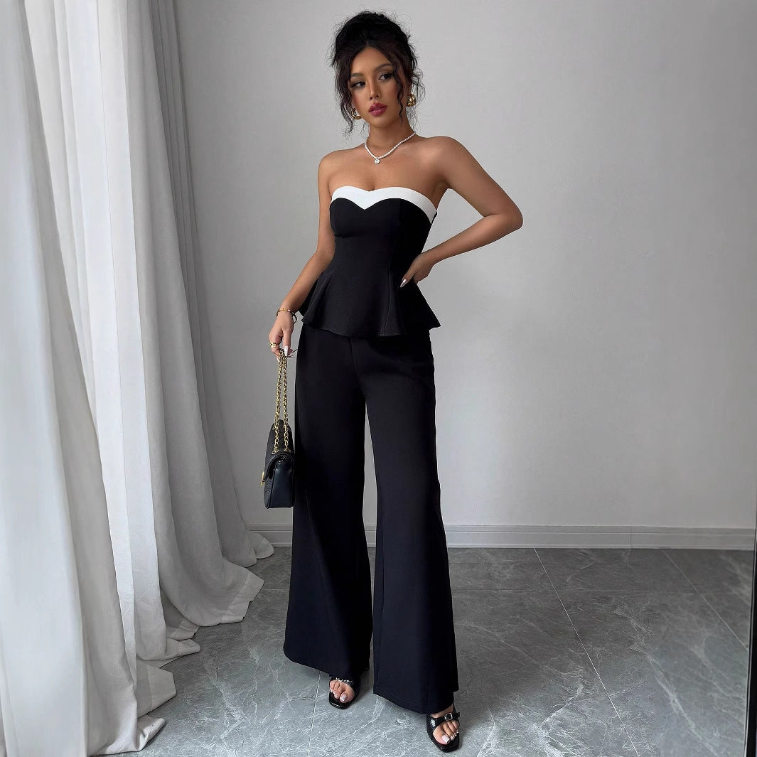 Elegant Stitching Off-the-shoulder Vest Wide-leg Trousers Set For Women