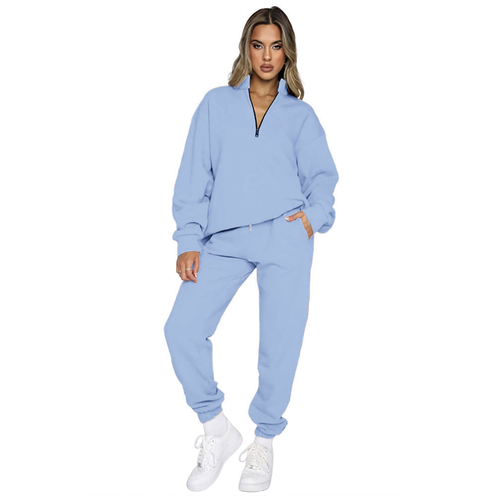 Women's Zipper Pullover Long Sleeve Sweater Two-Piece Set