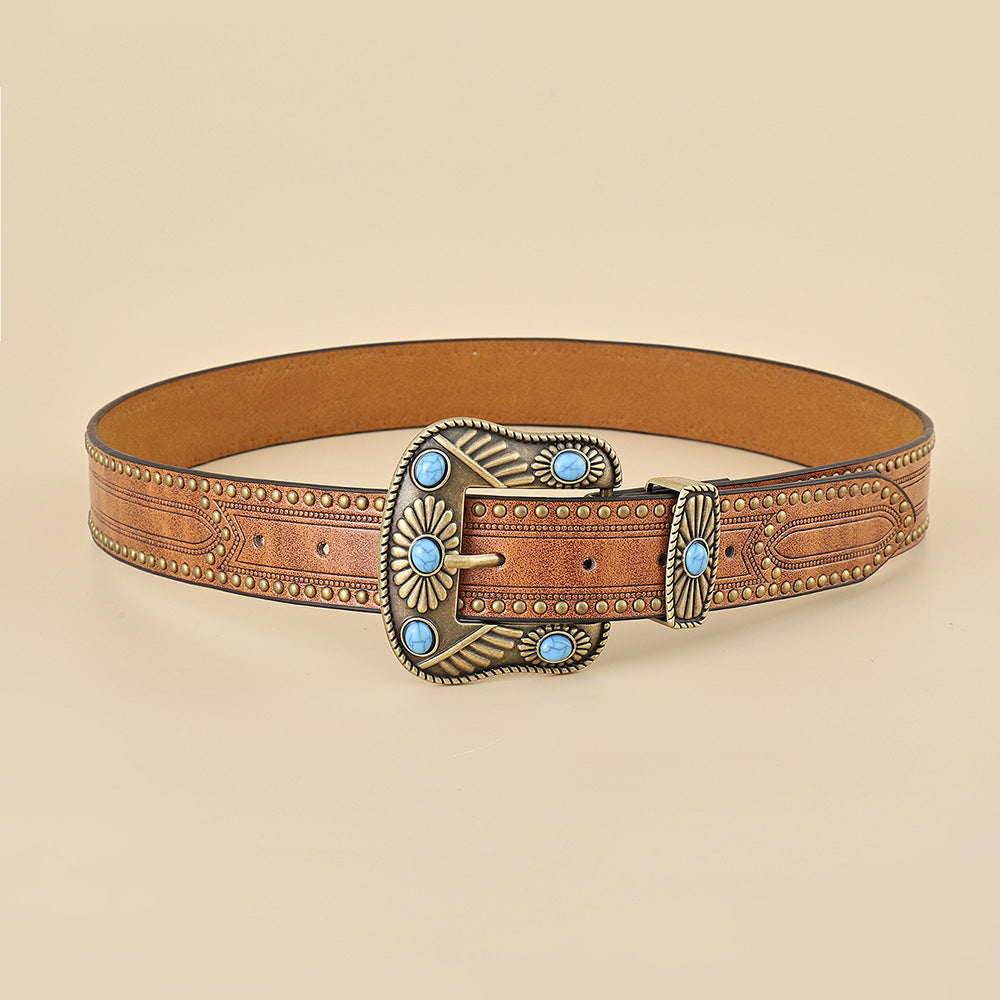 Western Retro Women's Chocolate PU Leather Denim Belt 120cm