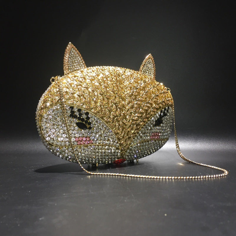 Gold Fox Rhinestone Hollow Metal Crystal Dinner Bag 21cm
