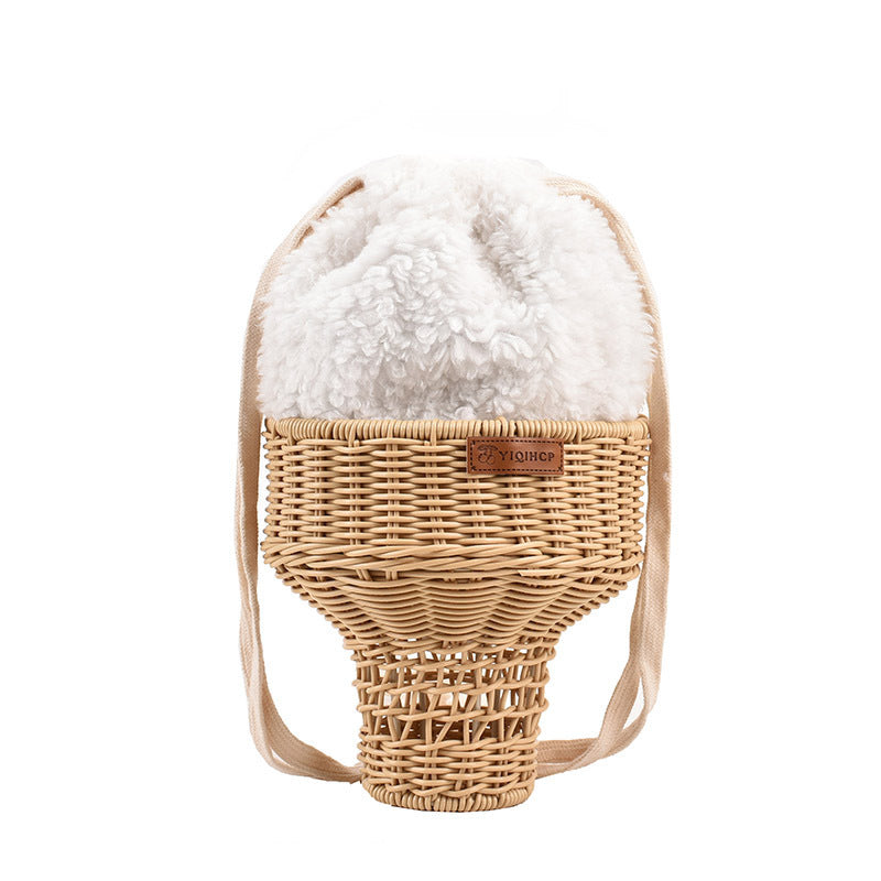 Sac cylindrique en paille et rotin tressé avec cordon de serrage – Hauteur 29 cm