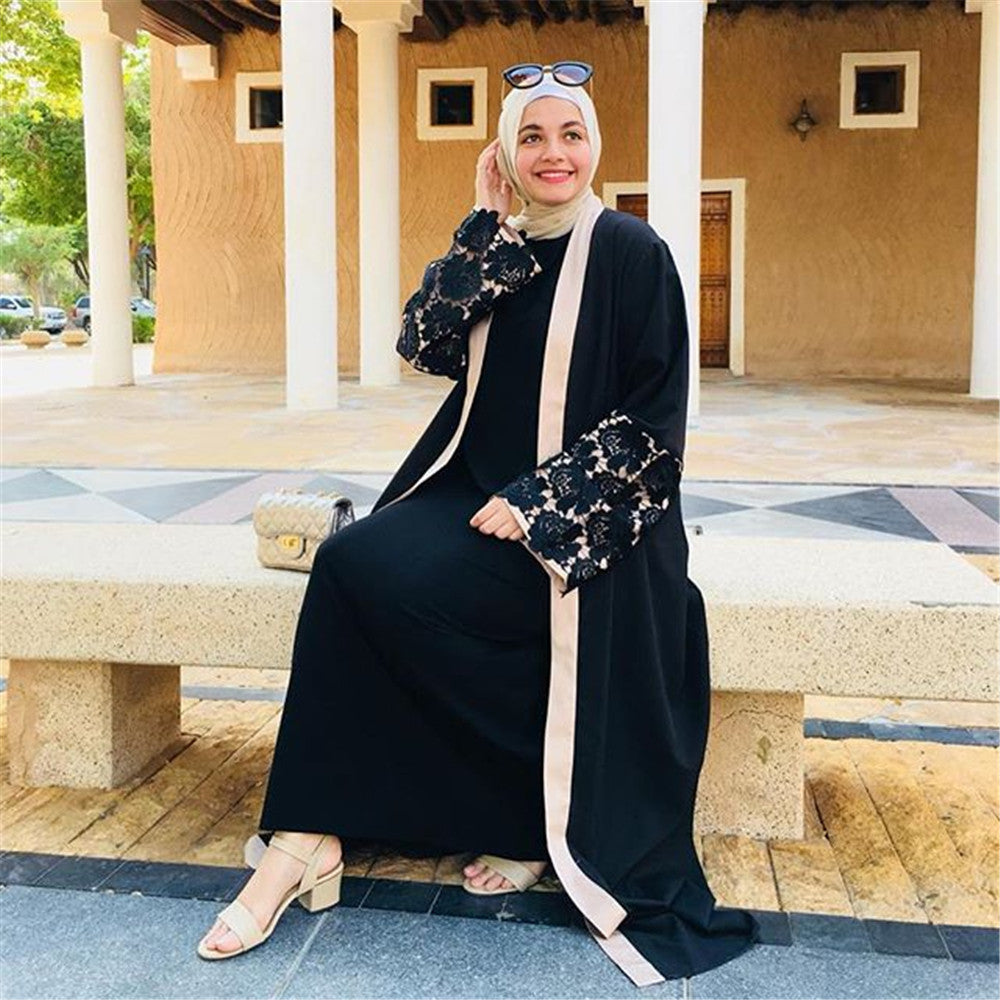 Black Lace Cuffs Long Sleeve Loose Lace-Up Cardigan Robe for Women S-2XL