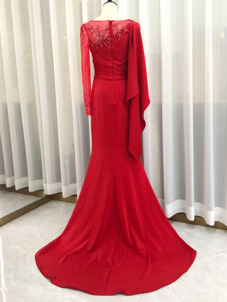 Elegant Slimming Long Sleeve Evening Dress with Zipper in White or Red