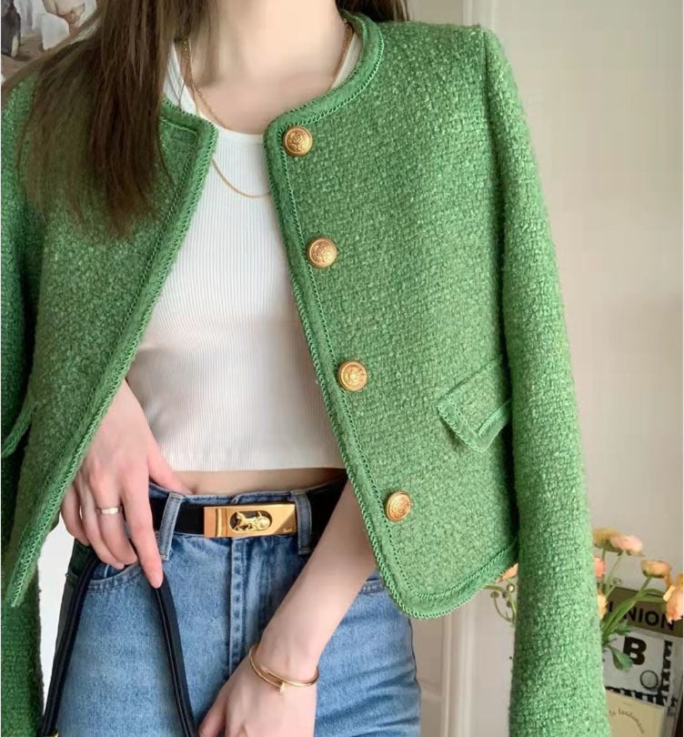 Veste française classique en tweed vert de haute qualité