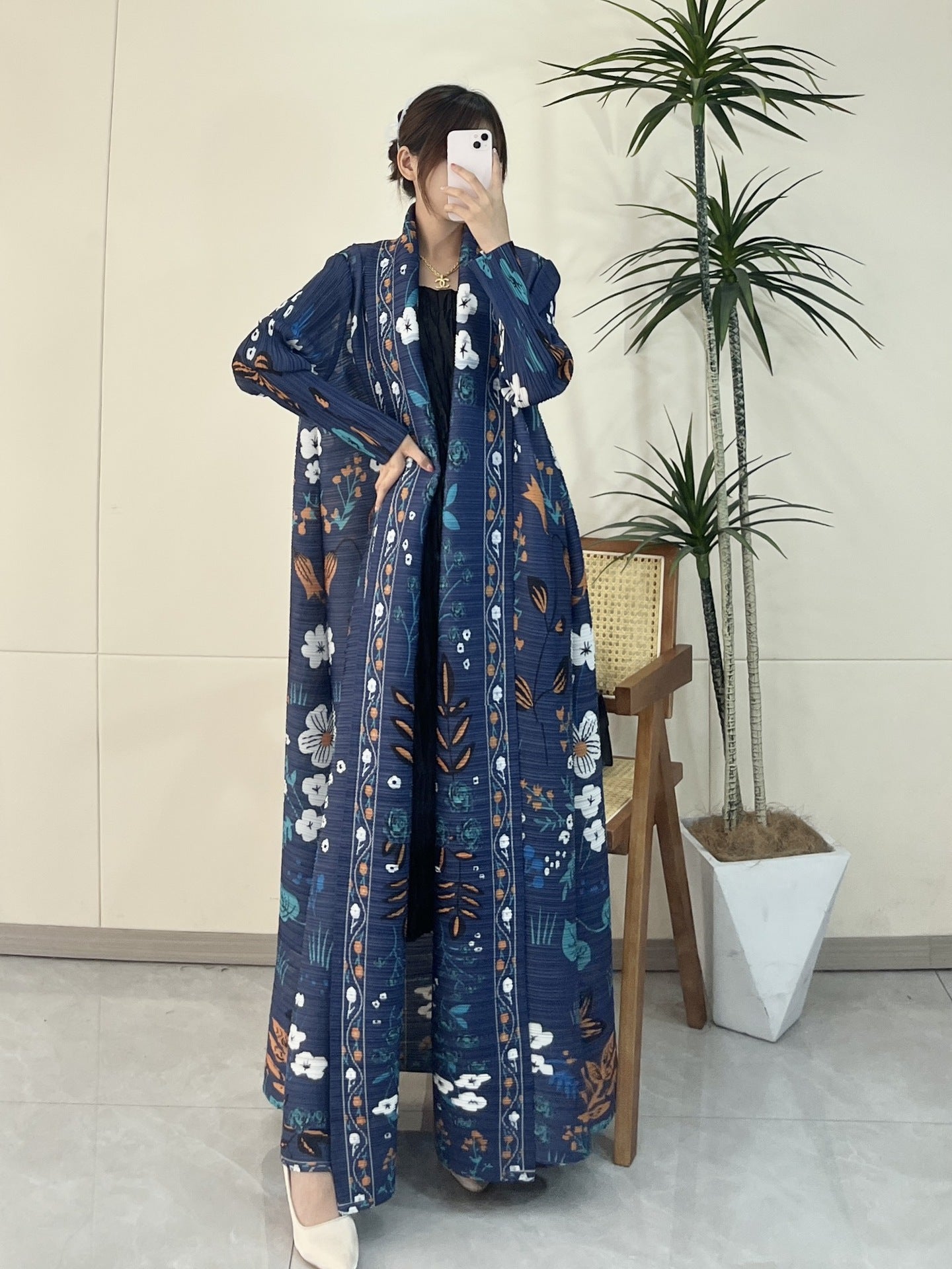 Pleated Print Fashionable All-match Lace-up Loose Arabian Abaya Robe