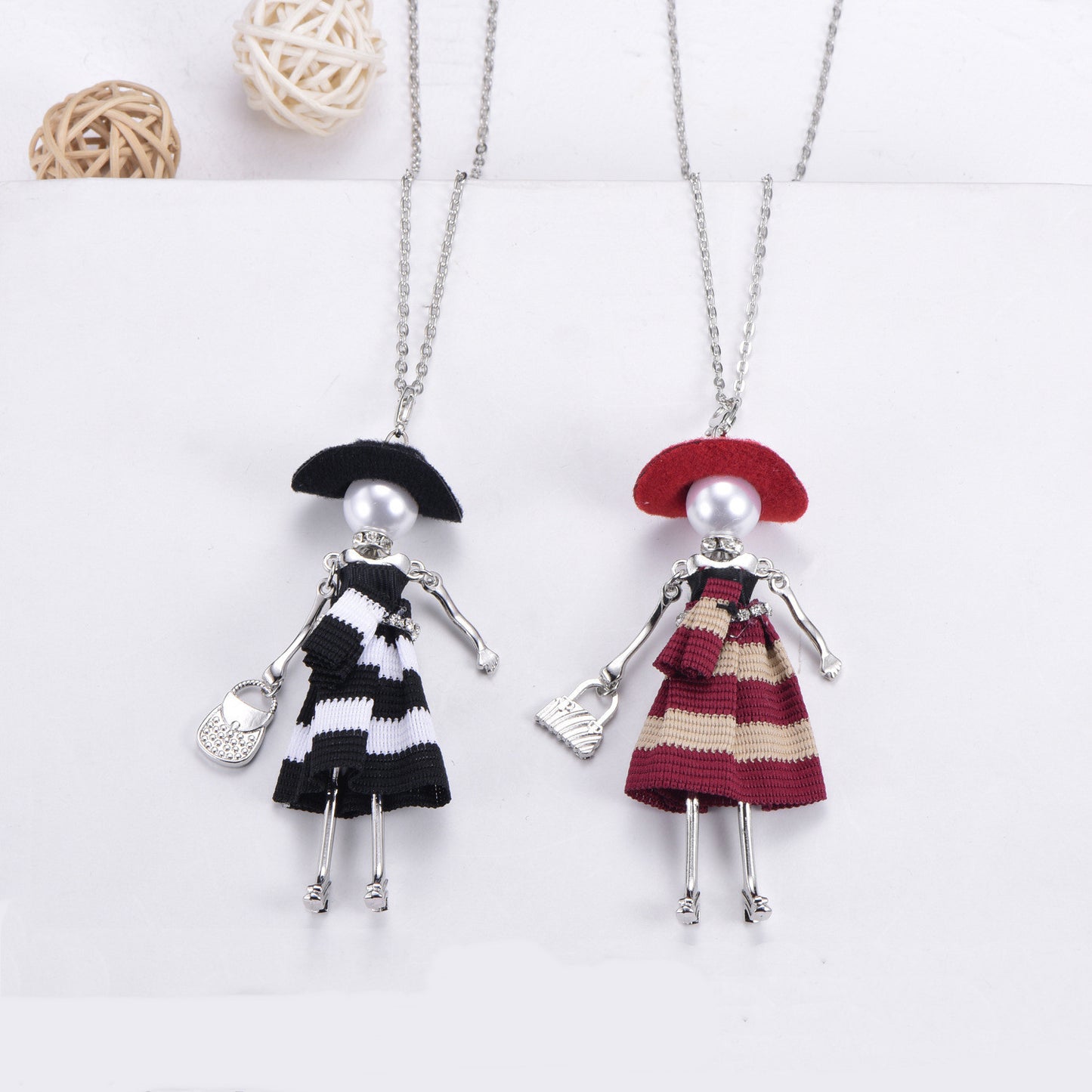 Hat Doll Necklace Rhinestone Sweater Chain