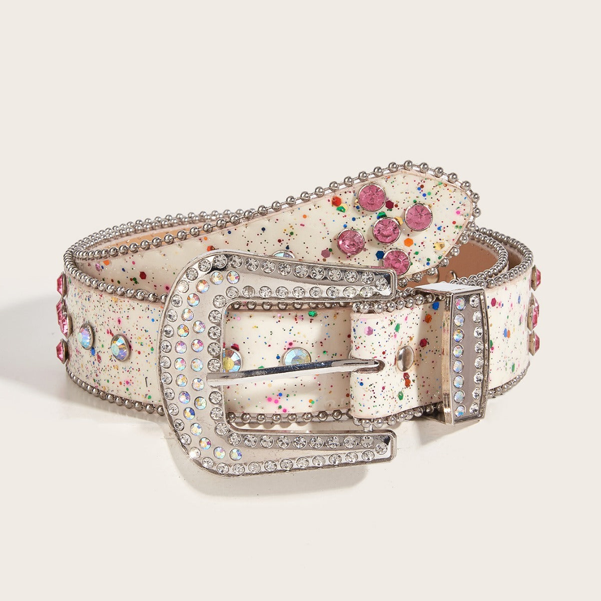 Female Sequined PU Leather Belt with Rhinestone Buckle 105cm
