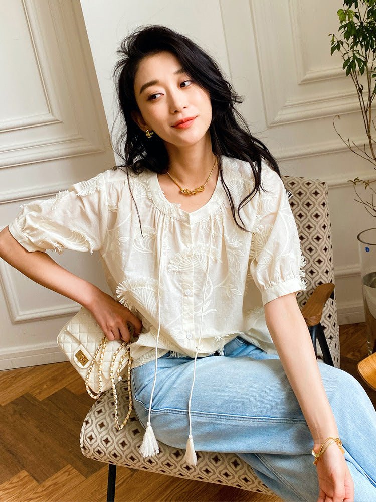 Women's Apricot Cotton Short Sleeve Embroidered Shirt French Style