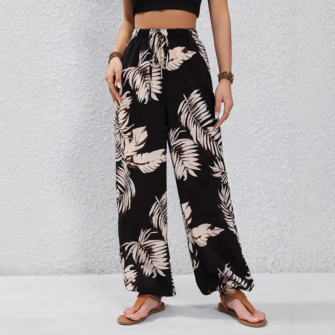 Leaf Pattern Waist Thin Belt Casual Black Polyester Trousers