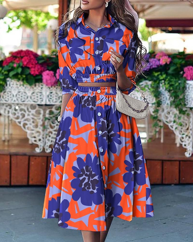 Printed Button Pocket Blouse & Mid-Length Skirt Suit with Stand Collar