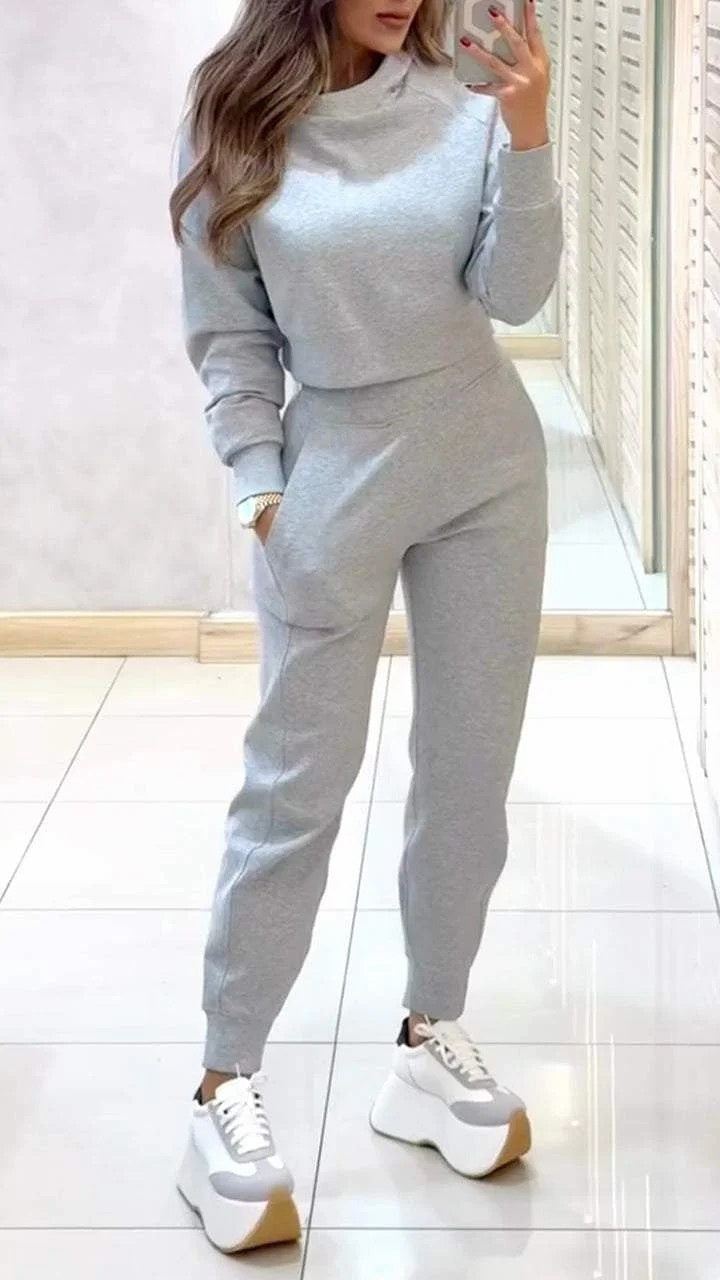 Stand Collar Pullover Long-Sleeve Top & Slim Trousers Set with Pockets