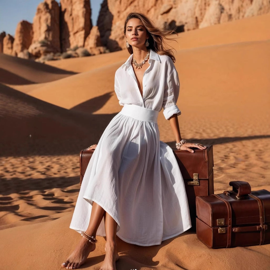 فستان نسائي بياقة على شكل V وأكمام طويلة وخصر ضيق
